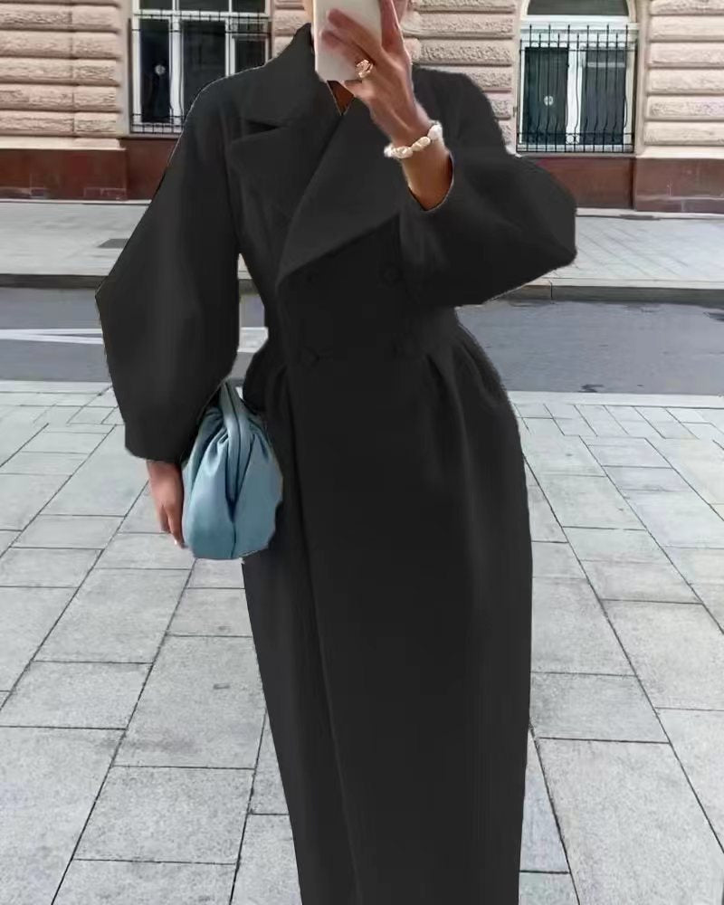 Damen eleganter Trenchcoat mit hohem Schlitz und Puffärmeln Heidi-Mode