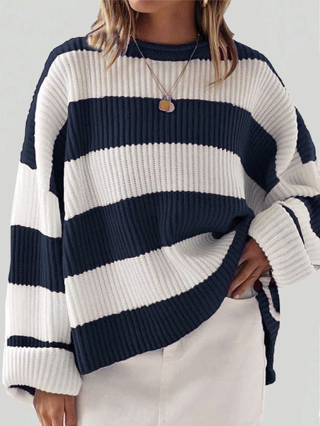Damen gestreifter Strickpullover mit weitem Schnitt Heidi-Mode