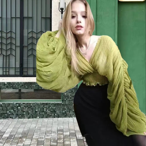 Damen Wickelbluse mit voluminösen Ärmeln und elegantem Design Heidi-Mode