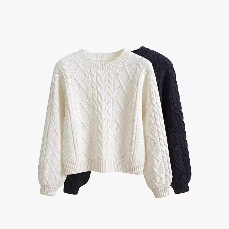 Damen Grobstrickpullover mit kreativem Zopfmuster und weit geschnittenen Ärmeln Heidi-Mode