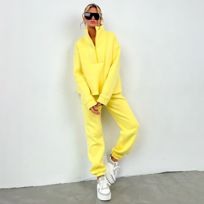 Damen lässiges Fleece-Set mit halbem Reißverschluss und weitem Schnitt Heidi-Mode