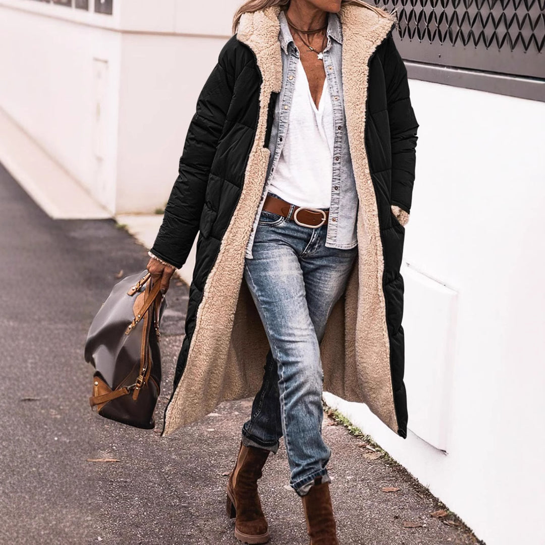 Damen lange Steppjacke mit kuscheligem Teddyfutter und großem Revers Heidi-Mode