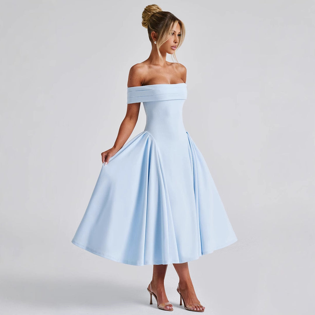 Damen Cocktailkleid mit schulterfreiem Design und voluminösem Rock Heidi-Mode