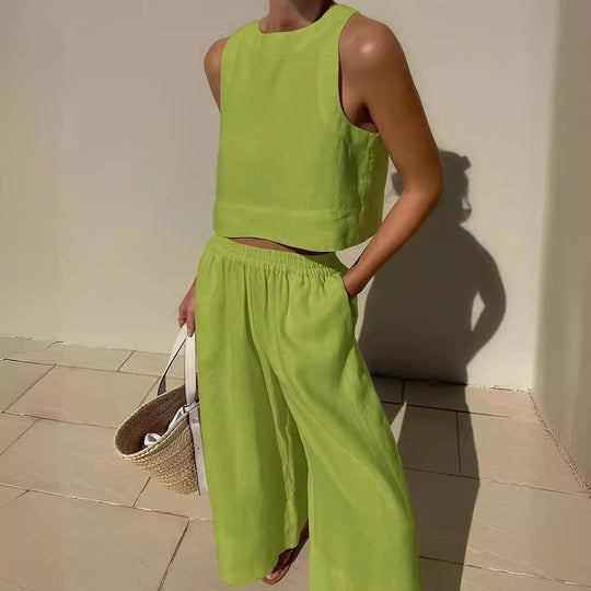 Damen luftiges und modernes Leinen-Set mit Cropped Top und weitem Hose Heidi-Mode
