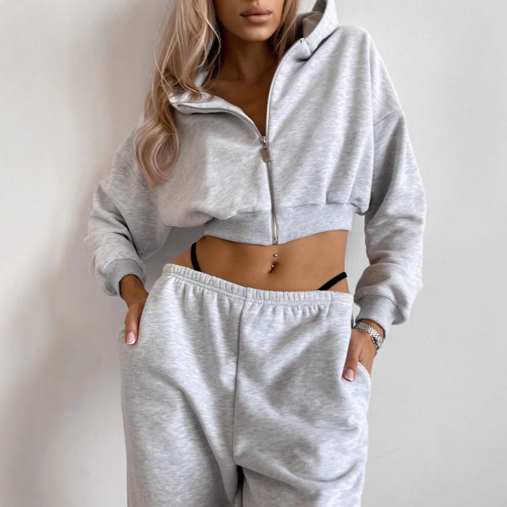 Damen lässiges Freizeit-Set mit cropped Hoodie und weiten Hosen Heidi-Mode