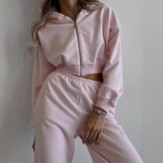 Damen lässiges Freizeit-Set mit cropped Hoodie und weiten Hosen Heidi-Mode