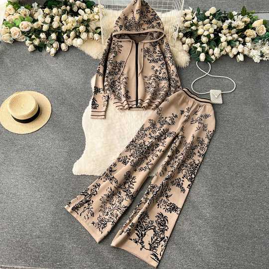 Damen modisches Freizeit-Lounge-Set mit Kapuze und floralem Muster Heidi-Mode