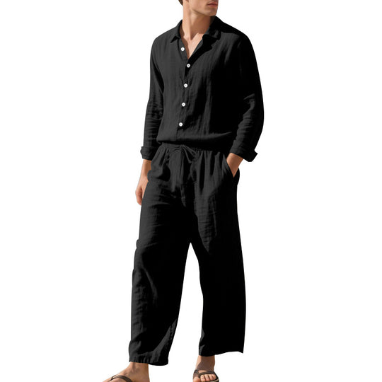 Herren Leinen-Loungeanzug mit elastischem Bund und praktischem Knopfdesign Heidi-Mode