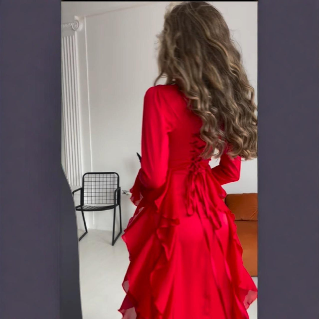 Damen Maxikleid im eleganten Rüschendesign mit Langarm Heidi-Mode