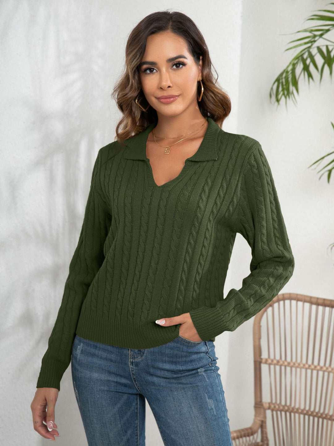 Damen Strickpullover mit V-Ausschnitt und Zopfmuster Heidi-Mode