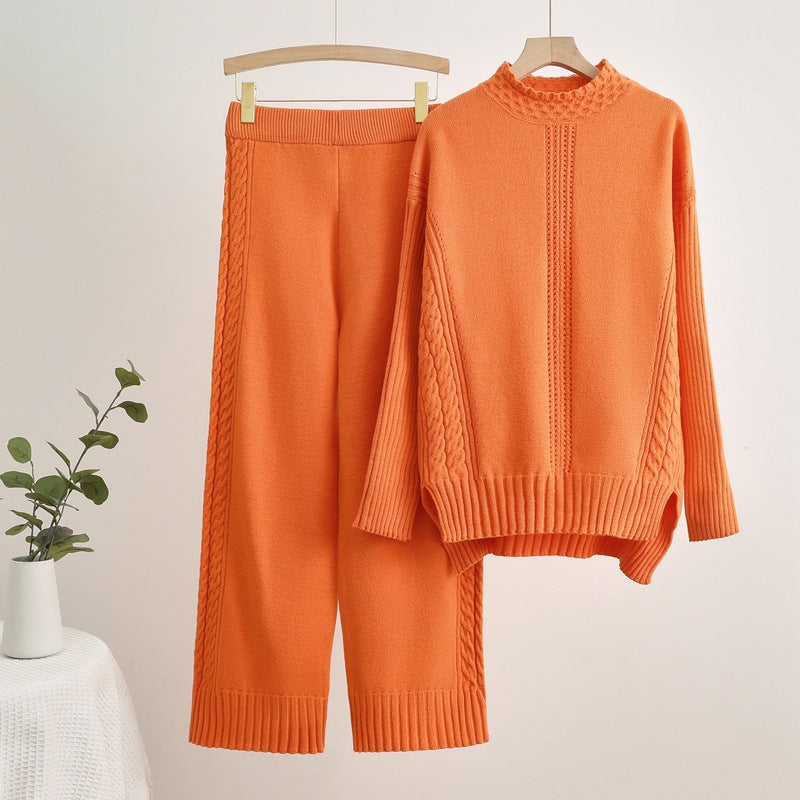 Damen komfortables Strick-Loungewear-Set mit hohen Bündchen und dekorativen Zopfmustern Heidi-Mode
