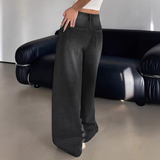 Damen Weite Denim-Hose mit hohem Bund und bequemer Passform Heidi-Mode
