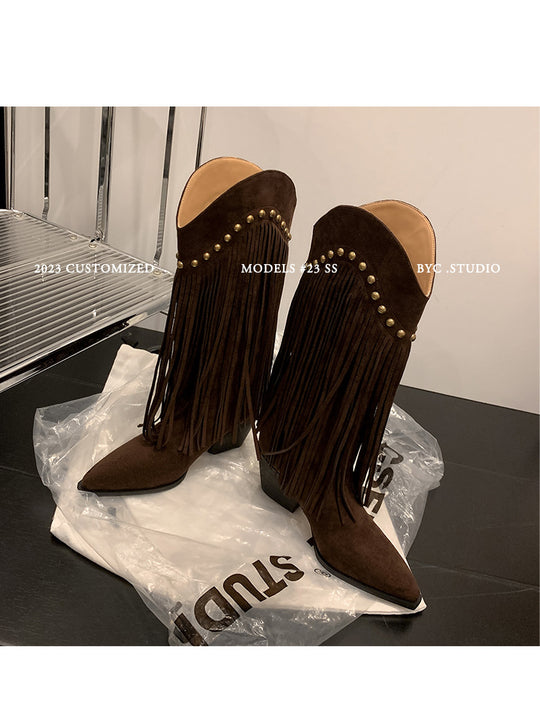 Damen Fransen Stiletto Kniehohe Stiefel mit dekorativen Nieten Heidi-Mode