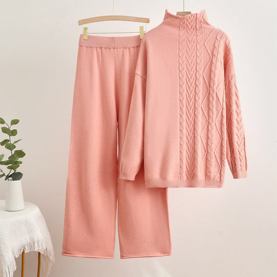 Damen gemütliches Strick-Loungewear-Set mit hochgeschlossenem Kragen Heidi-Mode