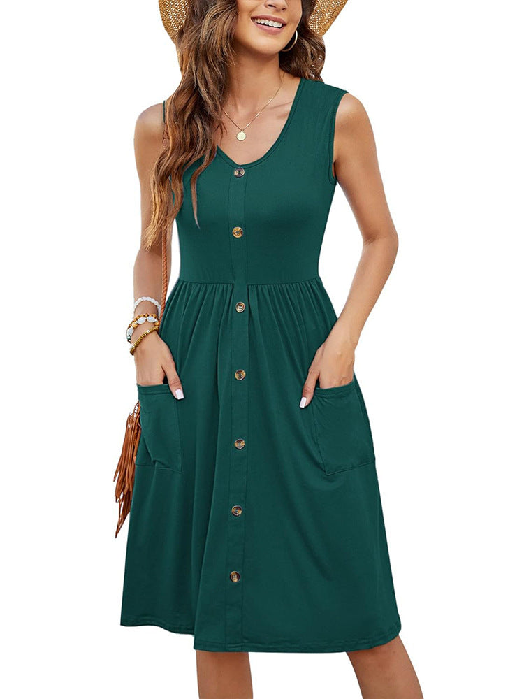 Damen Knielanges Sommerkleid mit Knopfdetails und praktischen Taschen Heidi-Mode