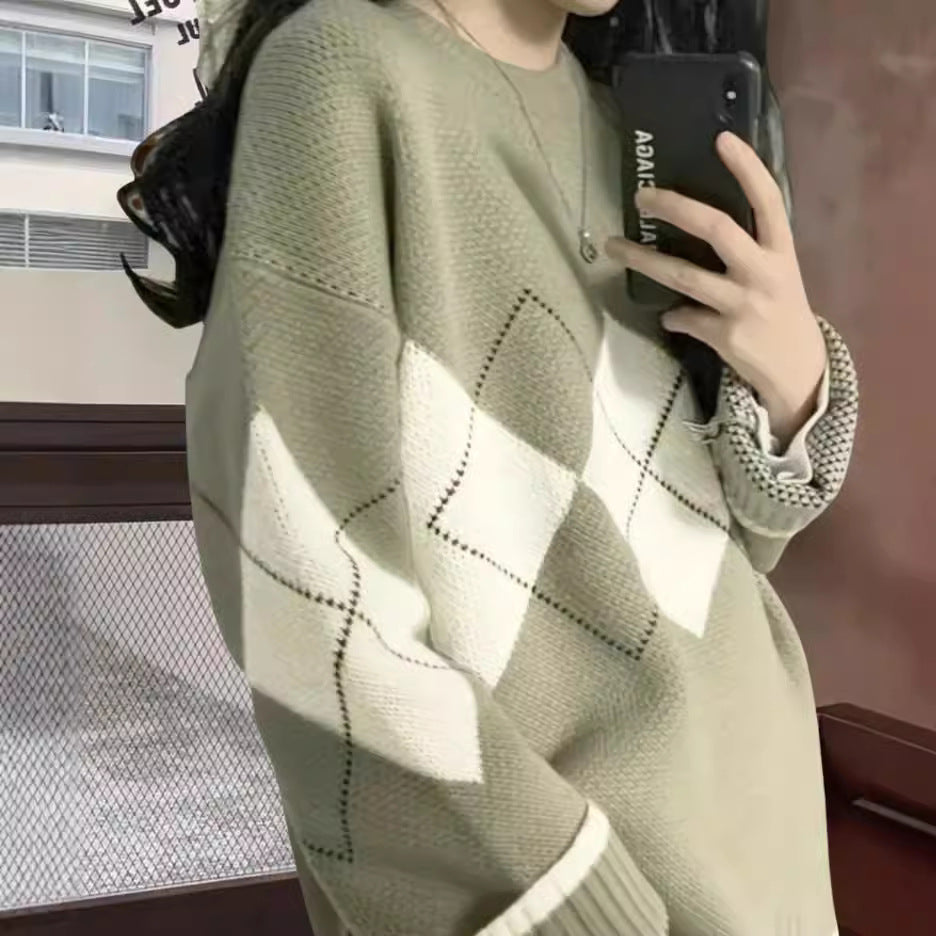 Damen Grobstrickpullover mit modernen Rautenmustern und weitem Schnitt Heidi-Mode