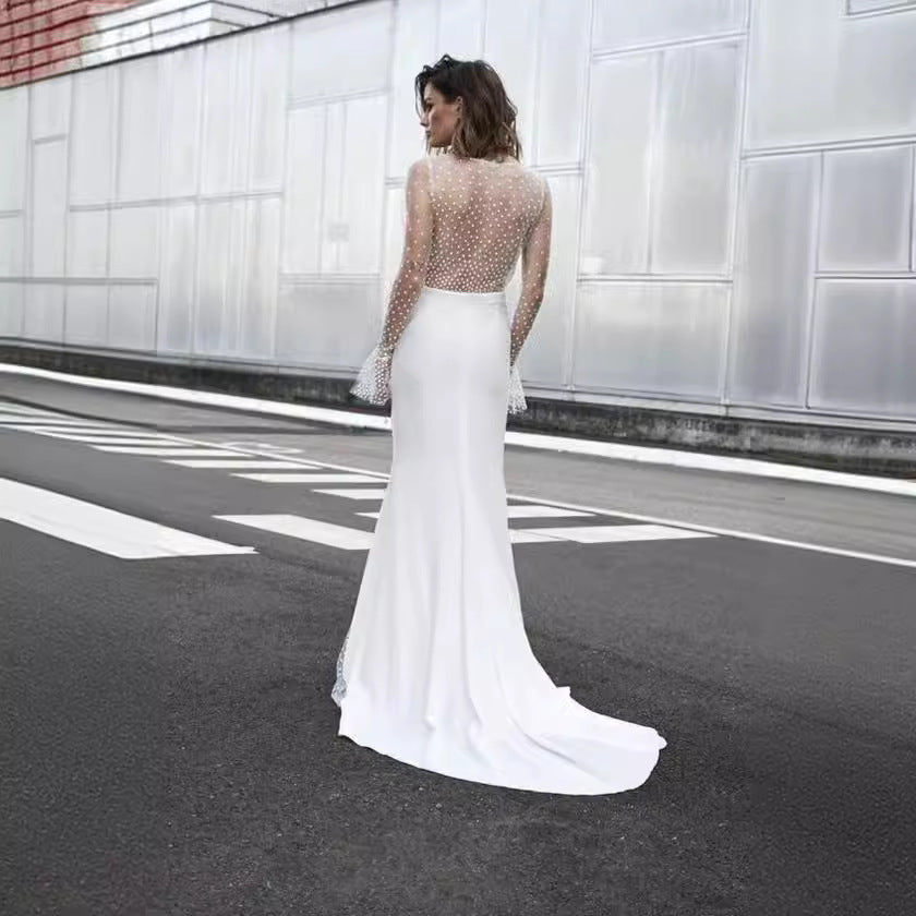 Damen Hochgeschlitztes Abendkleid mit transparentem Oberteil und Perlenapplikationen Heidi-Mode