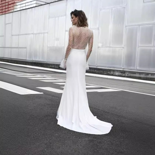 Damen Hochgeschlitztes Abendkleid mit transparentem Oberteil und Perlenapplikationen Heidi-Mode