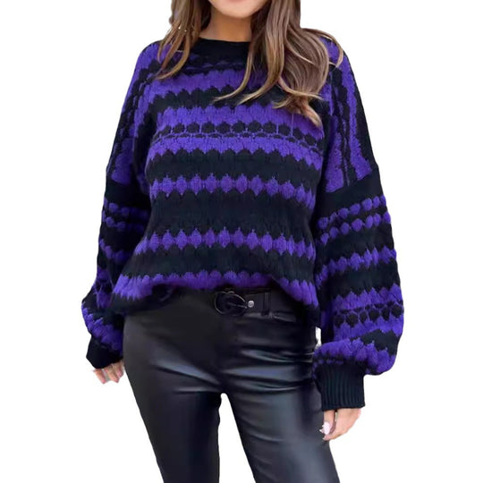 Damen gemütlicher Strickpullover mit modernem Zopfmuster und grafischen Akzenten Heidi-Mode