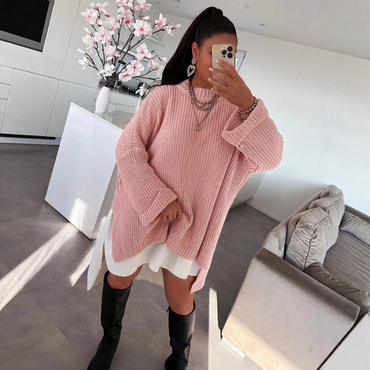 Damen grob gestrickter Oversize-Pullover mit V-Ausschnitt und lässigem Schnitt Heidi-Mode