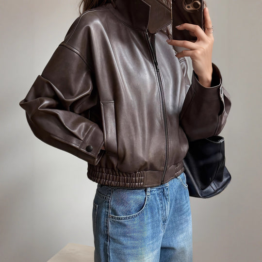 Damen Oversize Kunstlederjacke im modernen Look mit praktischem Reißverschluss und elastischem Bund Heidi-Mode