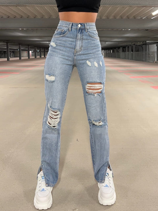 Damen Ripped Wide-Leg Jeans mit asymmetrischem Saum und hohen Details Heidi-Mode