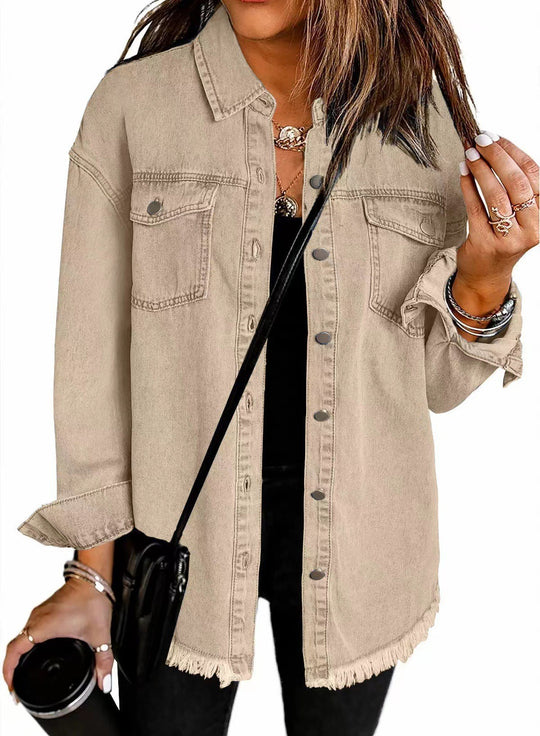 Damen Denim Overshirt mit fransigem Saum und Brusttaschen Heidi-Mode
