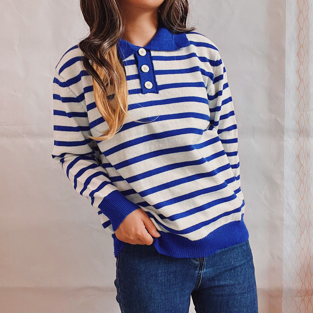 Damen legerer Streifenpullover mit Knopfleiste und weitem Schnitt Heidi-Mode