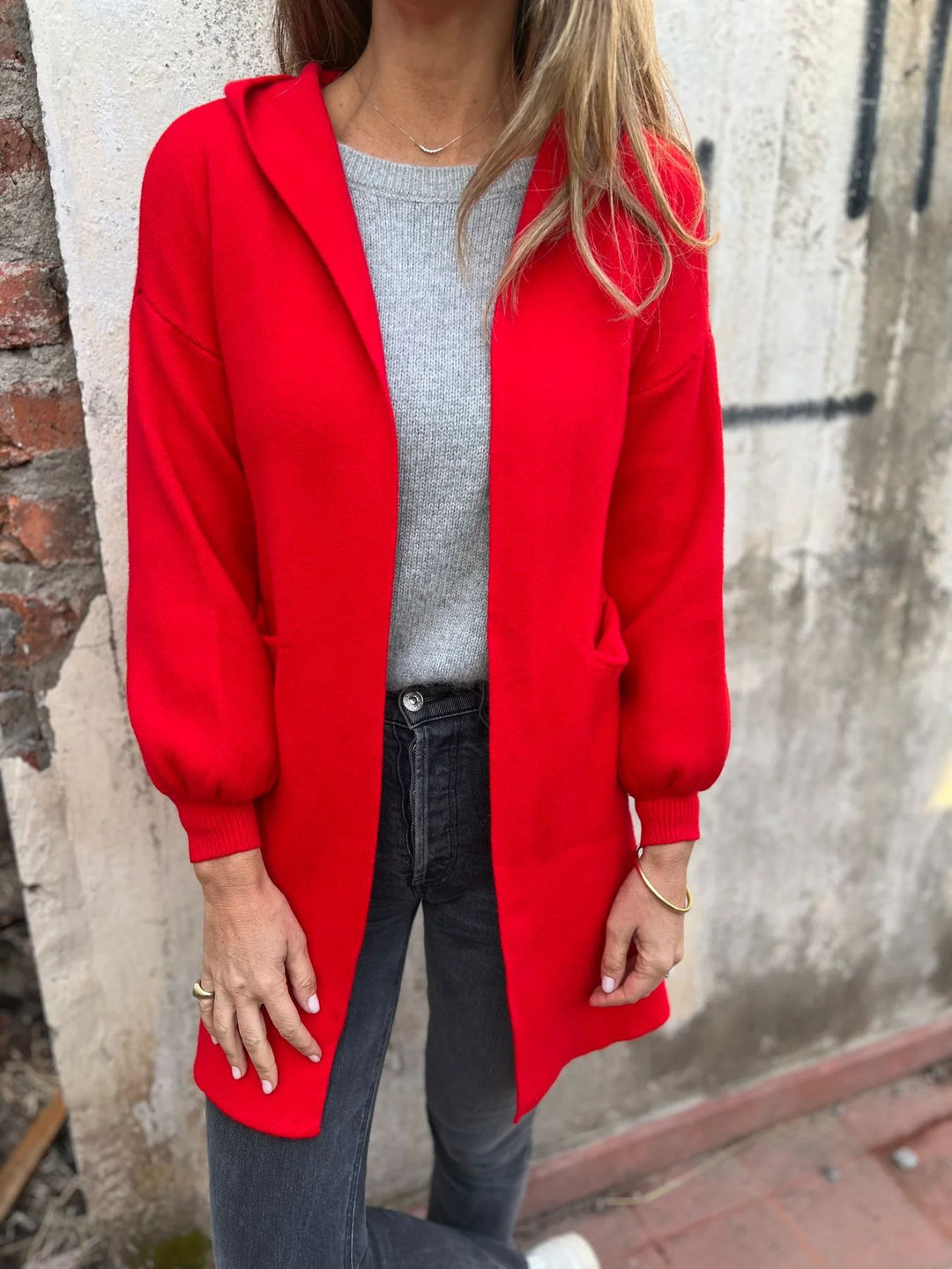 Damen Kuschelige Strickjacke mit Kapuze und Taschen Heidi-Mode