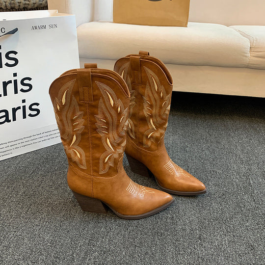 Damen Cowboy-Stiefel mit eleganter Stickerei und modernem Wedge-Design Heidi-Mode