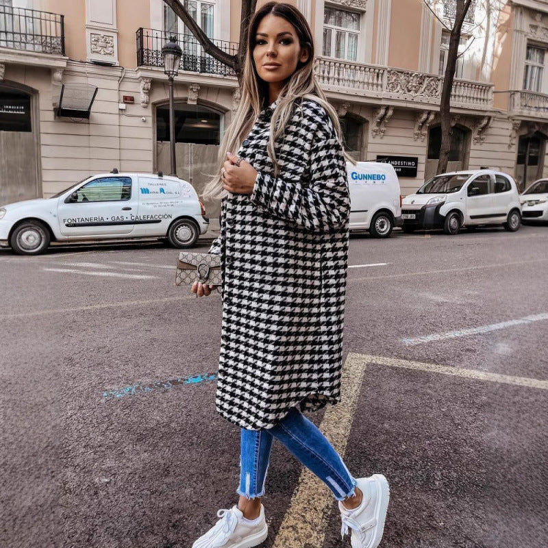 Damen Hahnentritt-Muster Oversized Hemdjacke Heidi-Mode