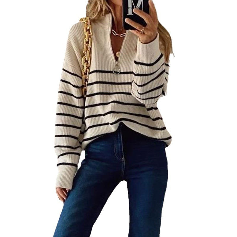 Damen Strickpullover mit halbem Reißverschluss und Streifenmuster Heidi-Mode