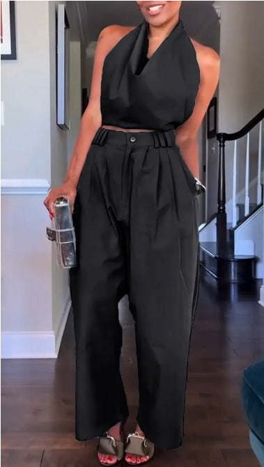 Damen Halterneck Satin Overall mit taillierten Hosen Heidi-Mode