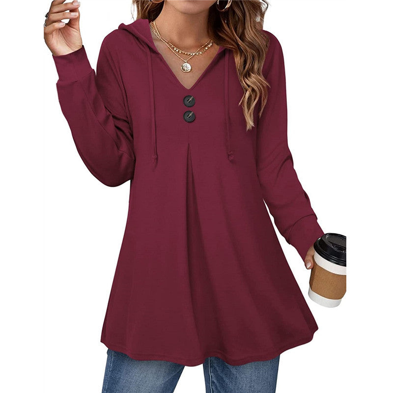 Damen Kapuzenpullover mit V-Ausschnitt und dekorativen Knöpfen Heidi-Mode