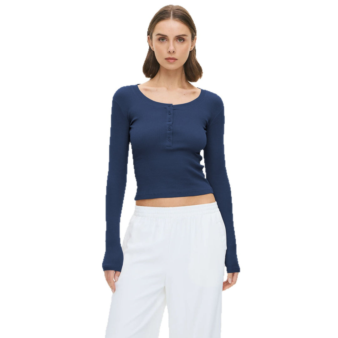 Damen Langarmshirt mit Knopfleiste und figurbetontem Schnitt Heidi-Mode