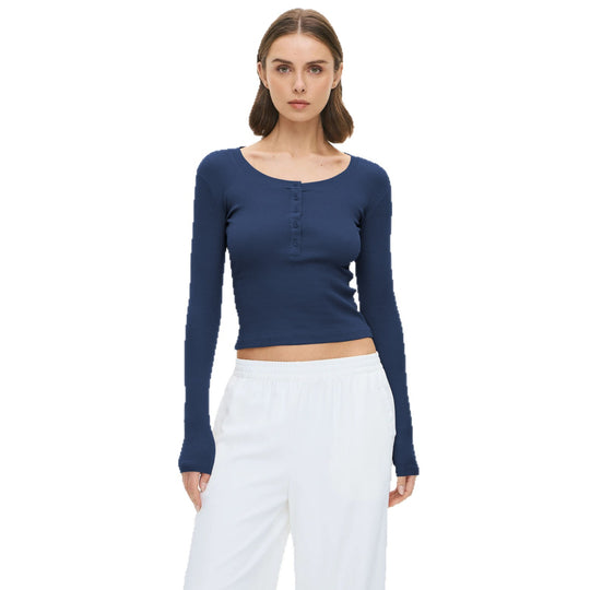 Damen Langarmshirt mit Knopfleiste und figurbetontem Schnitt Heidi-Mode