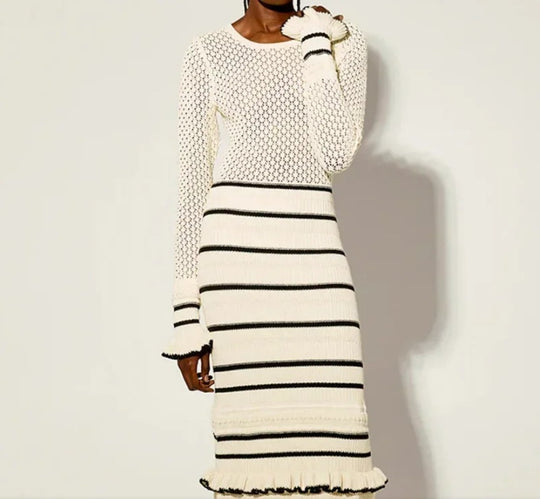 Damen Strickmaxikleid mit raffiniertem Lochmuster und kontrastierendem Streifen Heidi-Mode
