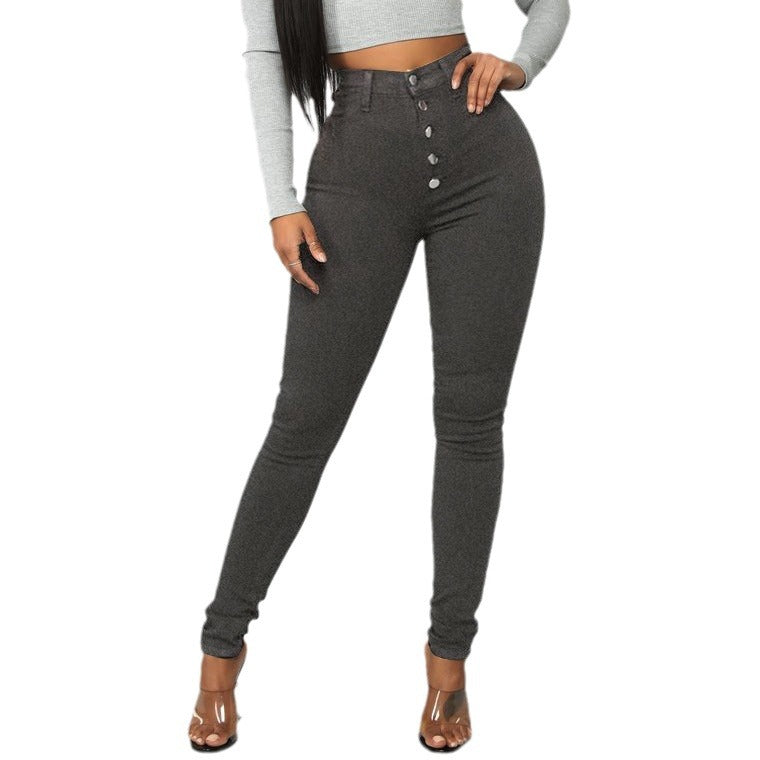 Damen Hochtaillierte Skinny Jeans mit Knopfdetail und elastischem Bund Heidi-Mode
