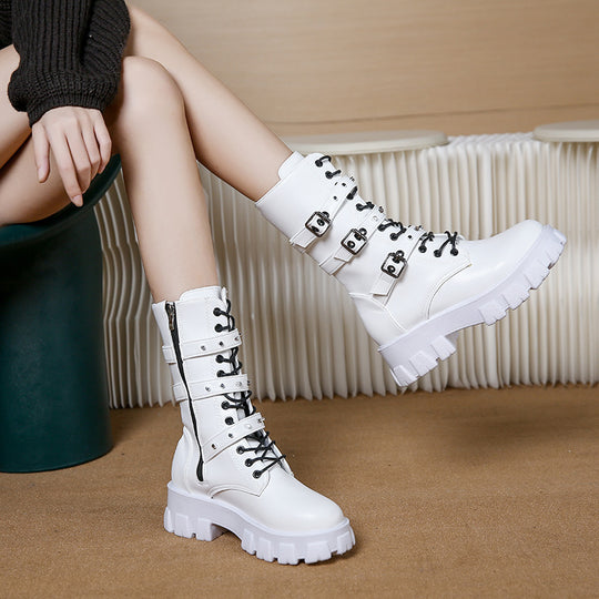 Damen High-Top Schnürstiefel mit verstellbaren Riemen und griffiger Sohle Heidi-Mode