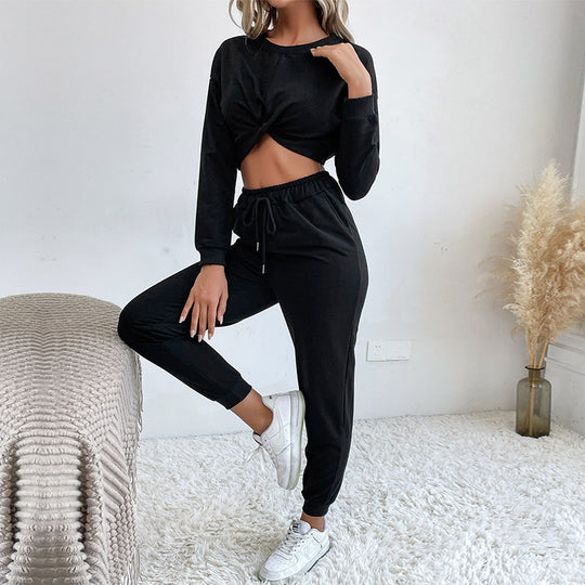 Damen Lässiger zweiteiliger Jogginganzug mit cropped Oberteil und flexibler Taille Heidi-Mode