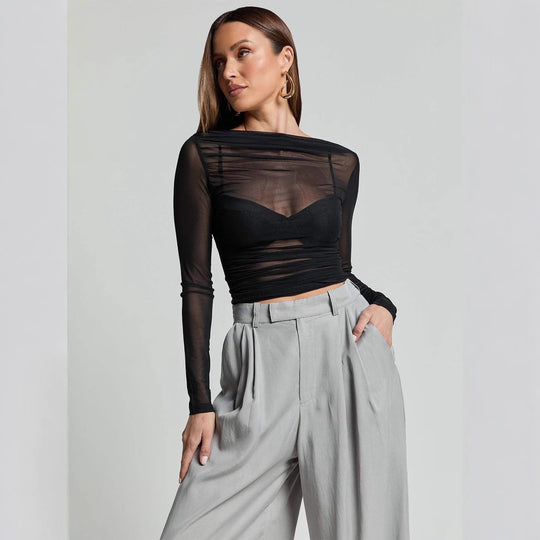 Damen Elegantes Langarmoberteil mit transparentem Mesh und Raffung Heidi-Mode