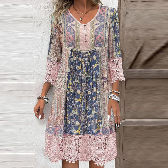 Damen Boho-chic Kleid mit Spitzenärmel und floralem Muster Heidi-Mode