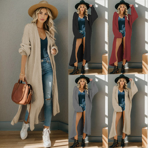 Damen lange Strickjacke in lässiger Rippstruktur mit offenen Ärmeln und Taschen Heidi-Mode