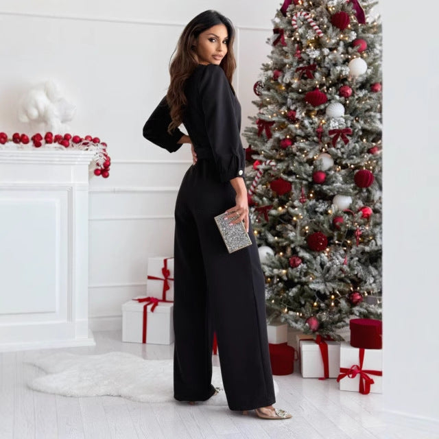 Damen Eleganter Jumpsuit mit taillierbarem Gürtel und V-Ausschnitt Heidi-Mode