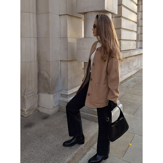 Damen elegante Wolljacke mit übergroßem Kragen Heidi-Mode