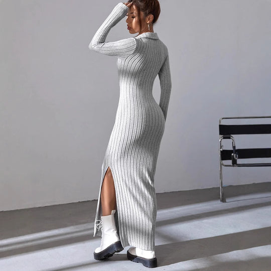 Damen Maxikleid mit strukturiertem V-Ausschnitt und Seitenschlitzen Heidi-Mode