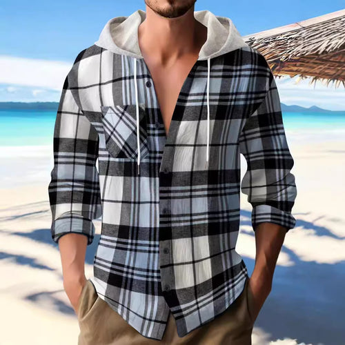 Herren Flanellhemd mit abnehmbarem Kapuzenkragen und kariertem Muster Heidi-Mode