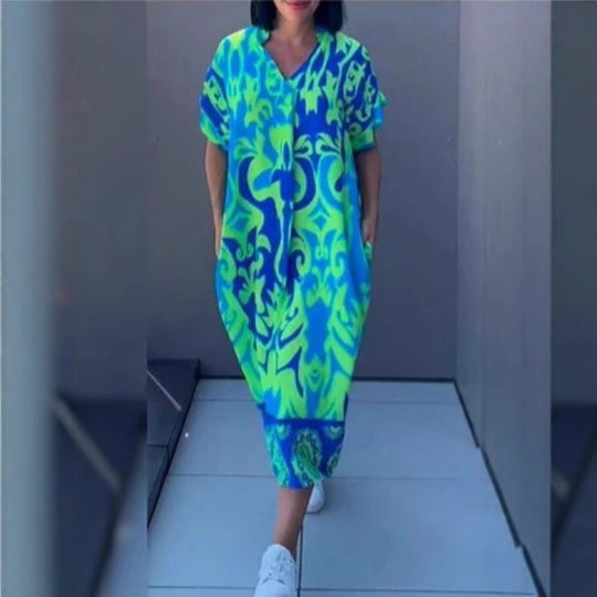 Damen Luftiges Freizeitkleid mit V-Ausschnitt und praktischen Taschen Heidi-Mode