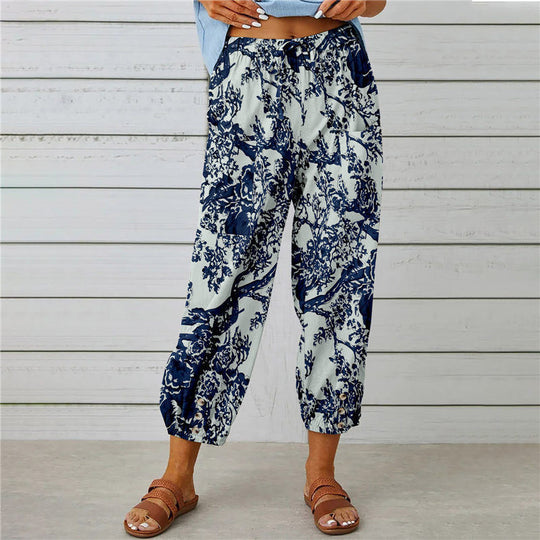 Damen lässige Pant mit floralem Druck und praktischen Knöpfen Heidi-Mode