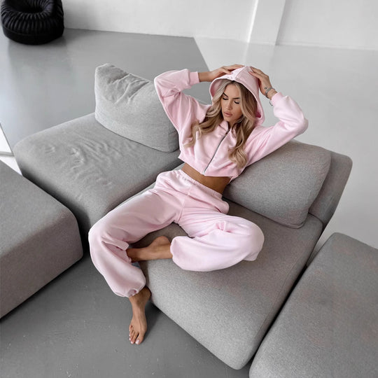 Damen lässiges Freizeit-Set mit cropped Hoodie und weiten Hosen Heidi-Mode